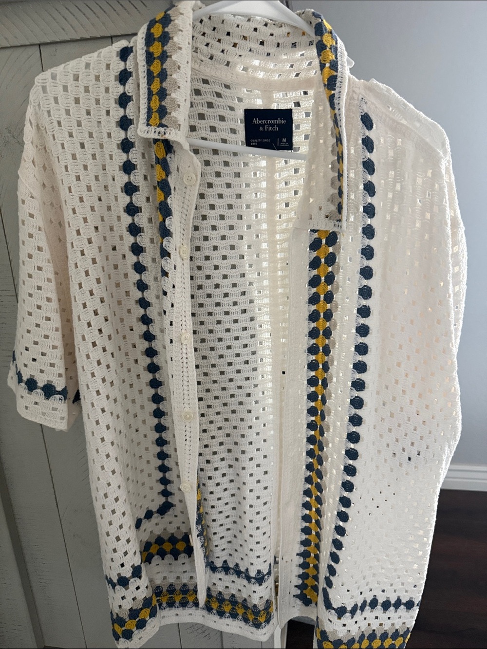 Abercrombie & Fitch White Crochet Button-Down Shirt with Blue & Yellow Trim
